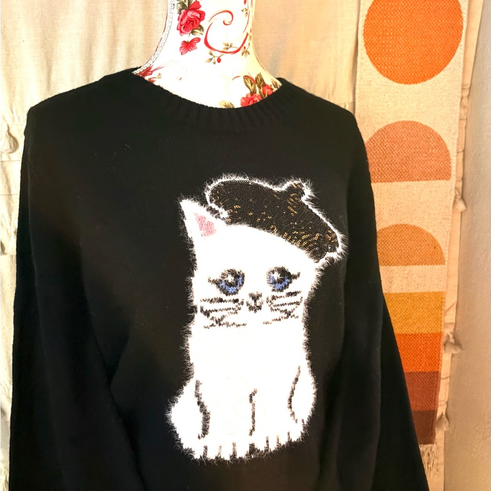 Karl Lagerfeld Black Sweater with White Cat and Beret - Picture 1 of 9